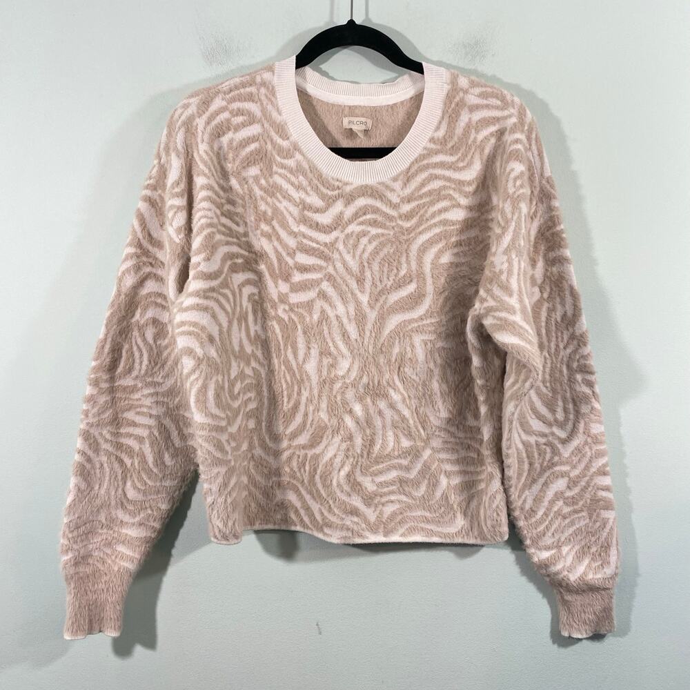 Pilcro by Anthropologie White & Beige Fuzzy Eyelet Animal Print Sweater Size S